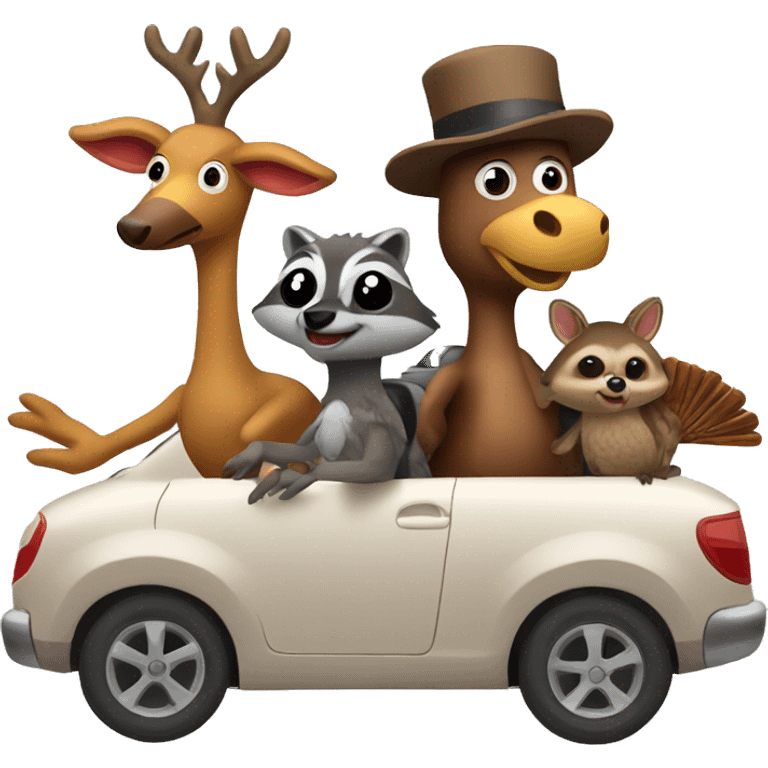 Turkey, raccoon and deer riding in car emoji