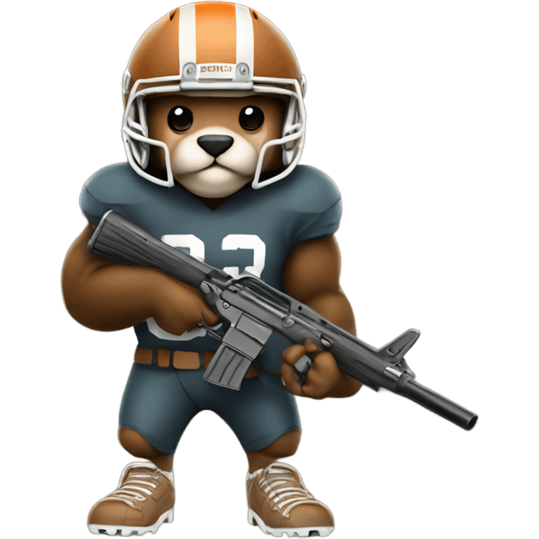 Beaver in football pads and helmet with a rifle emoji