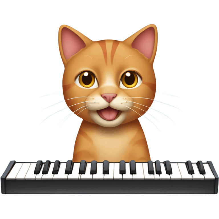 tan-red cat wearing a light-blue t-shirt taps musical keyboard emoji