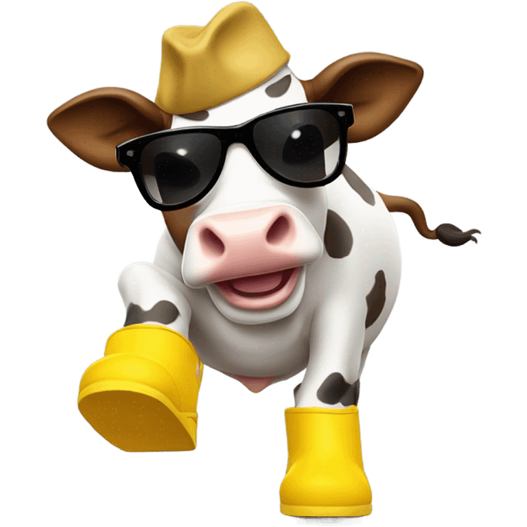 dancing cow wearing sunglasses and yellow boots emoji