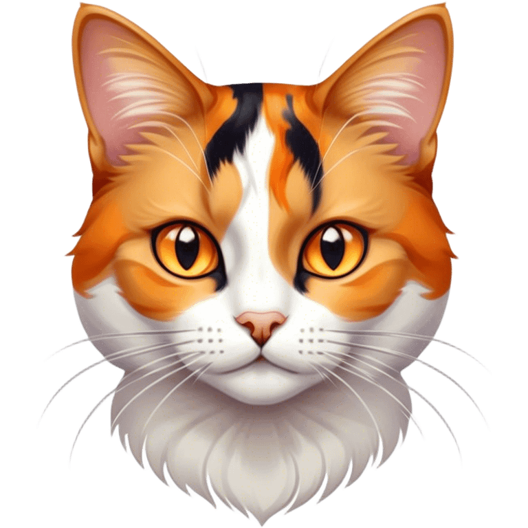 Cinematic Noble Calico Cat Portrait Emoji, Poised and regal, with a striking patchwork coat in vibrant orange, black, and white hues, delicate whiskers and a refined, focused gaze, simplified yet exquisitely detailed, glowing with a soft, moonlit radiance and an air of aristocratic elegance, high shine, exuding dignified intelligence and poised authority, soft glowing outline, capturing the essence of a watchful and noble calico cat that appears ready to grace the screen with effortless majesty! emoji