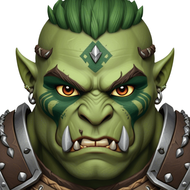 Cinematic Realistic WoW Orc Warrior Portrait, depicted with battle-scarred, rugged green skin and a powerful, muscular build that radiates primal strength. Clad in intricately detailed tribal armor accented with dark leather and iron embellishments in deep, earthy tones, his fierce eyes and determined expression exude honorable might. Rendered with lifelike texture and dramatic natural lighting, high shine, noble and formidable, capturing the essence of a legendary orc champion. emoji