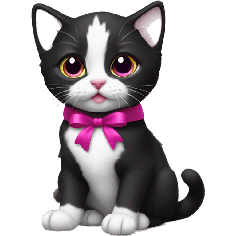 Tuxedo kitten with a magenta ribbon  emoji