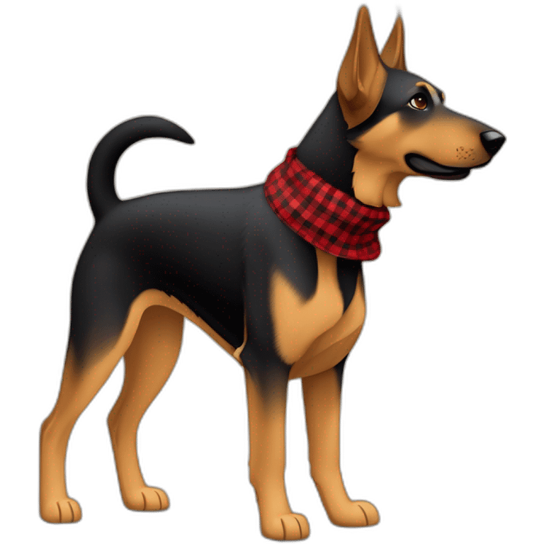 75% Coonhound 25% German Shepherd mix dog wearing small pointed red buffalo plaid bandana side view full body facing left emoji