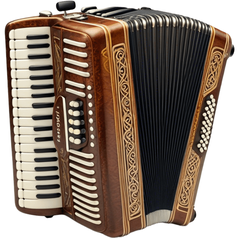 Cinematic Realistic image of a classic accordion, rendered with finely detailed textures and intricate keywork, set against a backdrop of soft, ambient lighting that highlights its vintage charm emoji