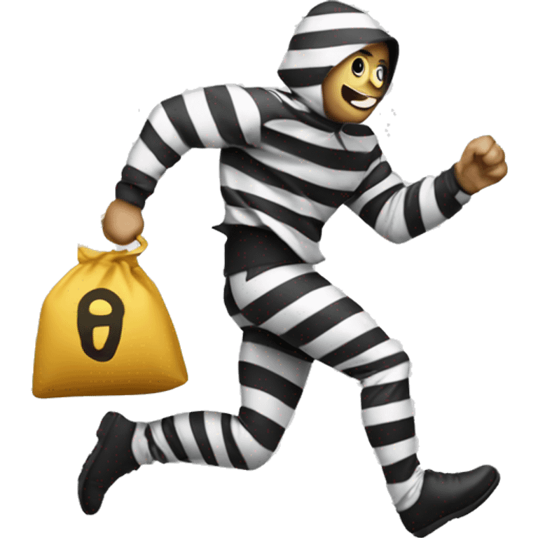 Burglar in white and black stripes running away with a bag of money over his shoulder emoji