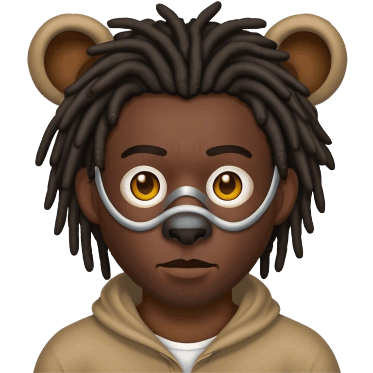 dark skinned black man with short dreads with a bear mask emoji