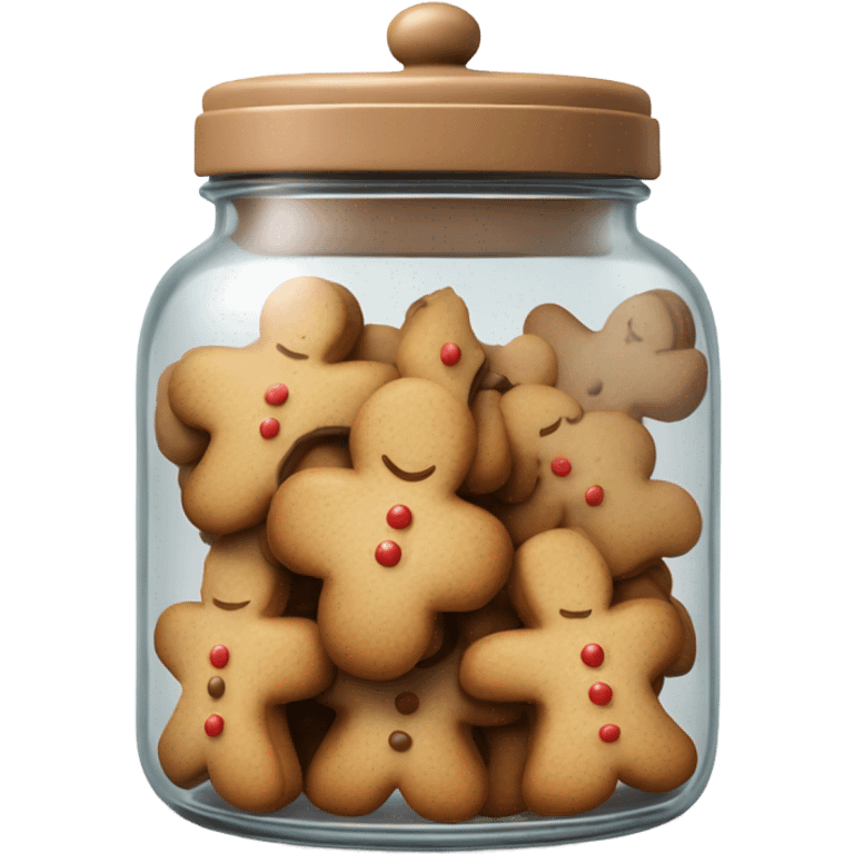 Realistic glass cookie jar with light brown lid full of gingerbread cookies isolated.  emoji