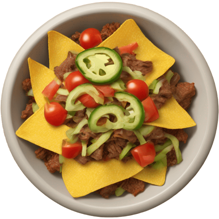 Nachos in a bowl with beef, lettuce, tomatoes, jalapeños emoji