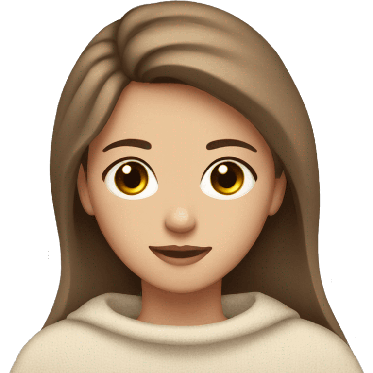 Brown haired 18 year old girl with hazel eyes white sweater in beige blanket  emoji