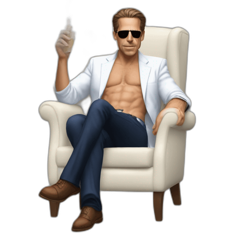 hunter biden wearing only a bikini sitting in a chair acting out the basic instinct scene (full body, apple ios17) smoking a glass pipe emoji