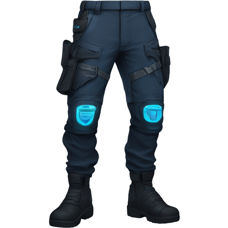 Futuristic slim-fit tactical pants with armored knee pads, glowing blue accents, and utility pockets, designed for an anime hero. Dark color scheme (black/navy) with cyberpunk details, tapering towards boots and matching a tactical jacket. emoji