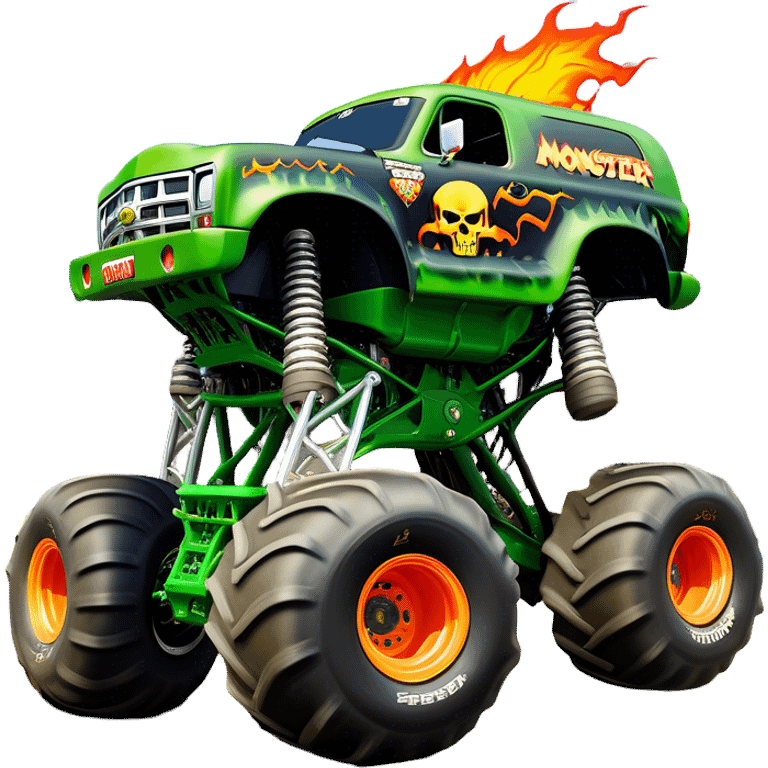 Grave Digger - Monster Jam (Model Year: 2022) (Iconic colour: Green with flames) - A legendary monster truck with a fearsome design: predominantly deep green with dynamic, vibrant flame graphics in bright orange and yellow. Highlight its rough, edgy bodywork and an aura of untamed rebellion. emoji