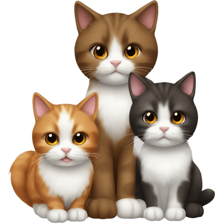 3 cats sitting together, one is brown and fluffy with a white chest, one is orange with a white chin, one is black with a white chin and chest emoji