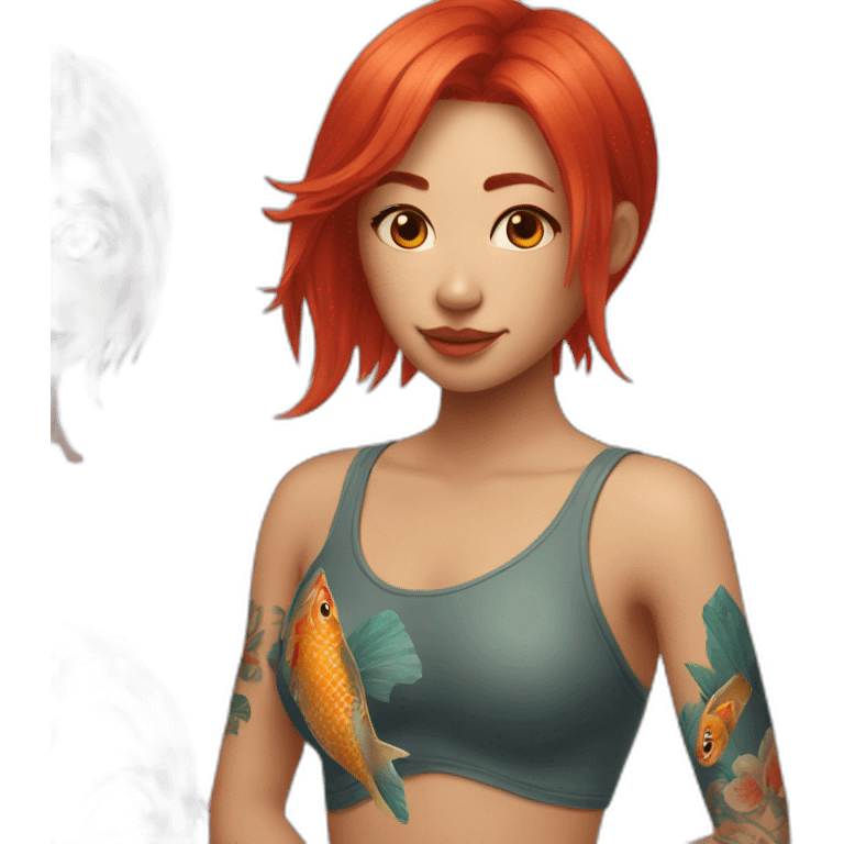 Red headed Asian girl with fish tattoo on shoulder emoji