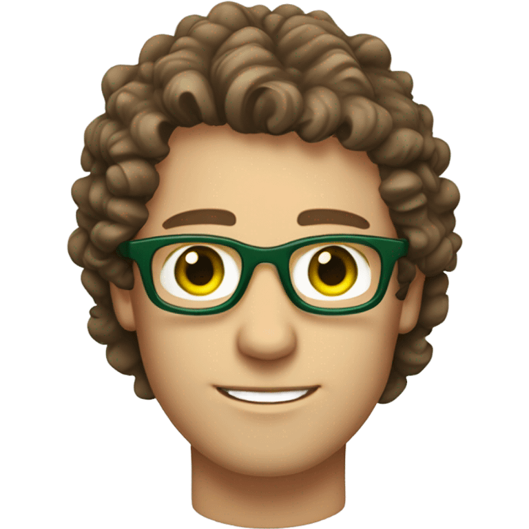 Caucasian male, shoulder length curly brown hair, green eyes, brown glasses, stubble emoji