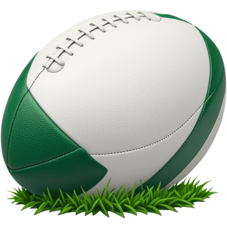 Cinematic Realistic image of a rugby ball resting on verdant turf, rendered with intricate stitching details and subtle weathering, bathed in warm, natural lighting that emphasizes its enduring character emoji