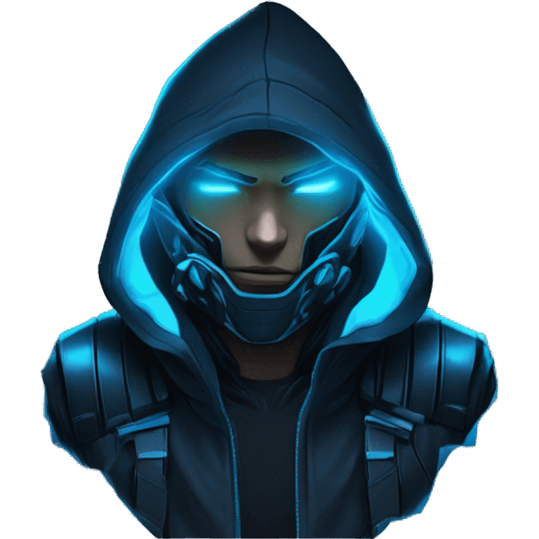 Hacker behind his laptop with this style : crysis Cyberpunk Valorant neon glowing bright blue character blue black hooded assassin themed character emoji