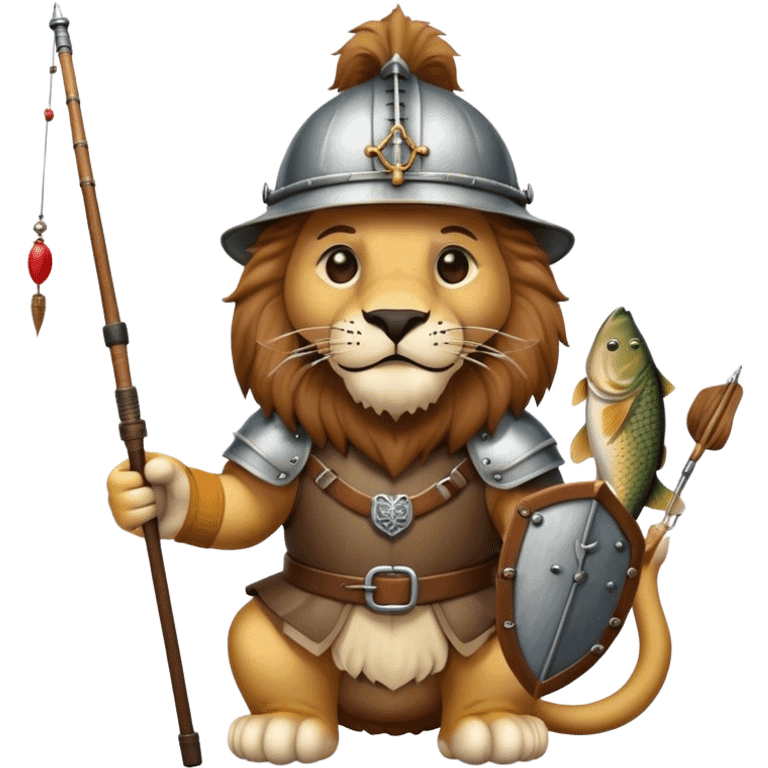 lion with full medieval helmet and fishing rod emoji