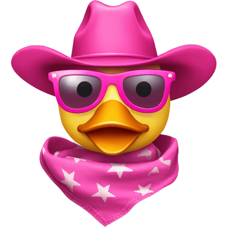 Rubber ducky wearing a pink cowboy hat, pink sunglasses, and a pink bandanna around its neck  emoji