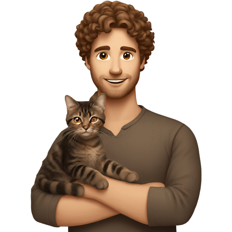 Man with brown curly hair holding dark brown tabby cat emoji