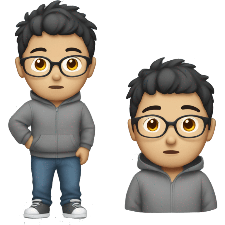 asian boy with bad haircut, glasses, grey hoodie, chuby emoji