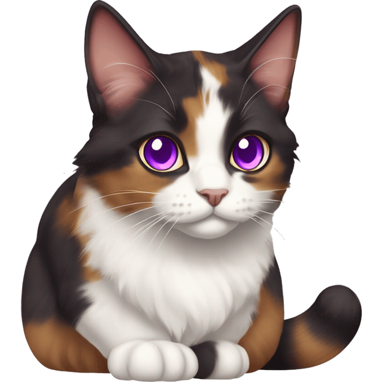 Calico cat with purple eyes and white pupils, dark brown, red, and white color, Munchkin fluffy cat, purple eyes emoji