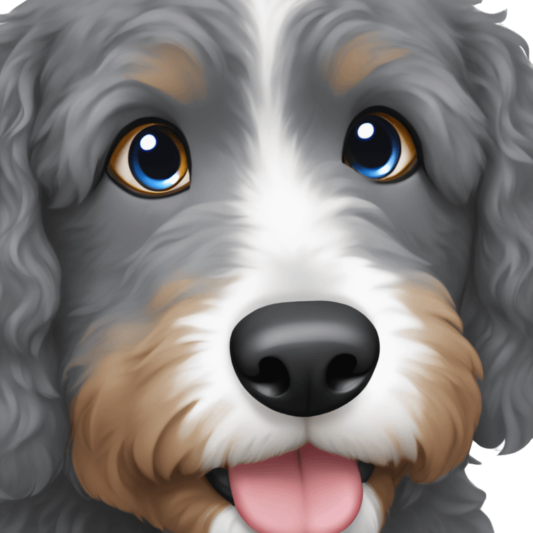  grey bernedoodle with one blue eye and one brown eye emoji