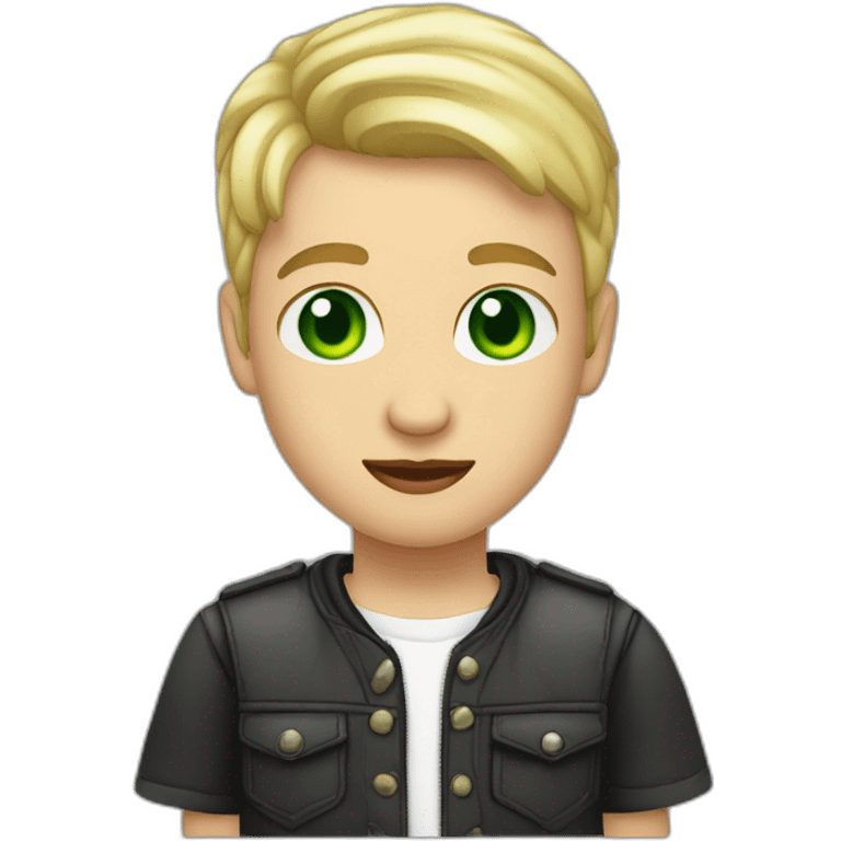 young 20 yearl old boy, blond hair whit buzz cut wearning earring, green eyes and moustache emoji