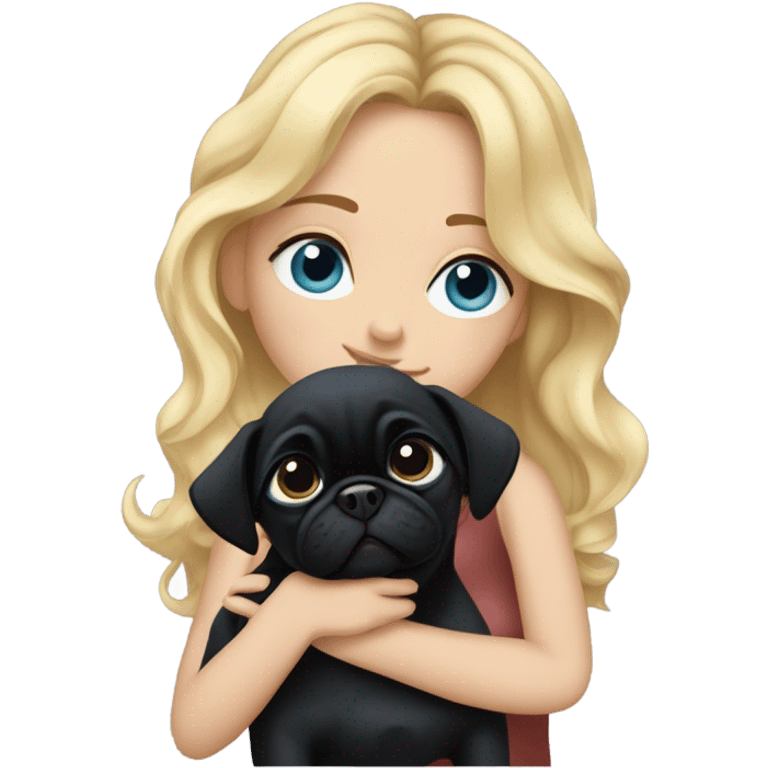 Girl with wavy blonde hair and blue eyes, kissing a black pug emoji