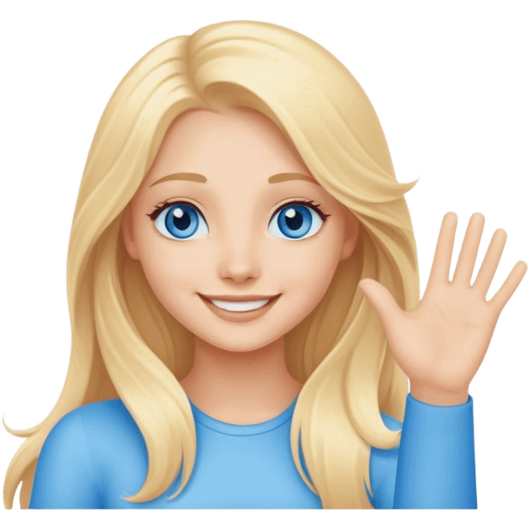 A beautiful blonde girl with long hair, blue eyes and a sweet smile arm hello emoji