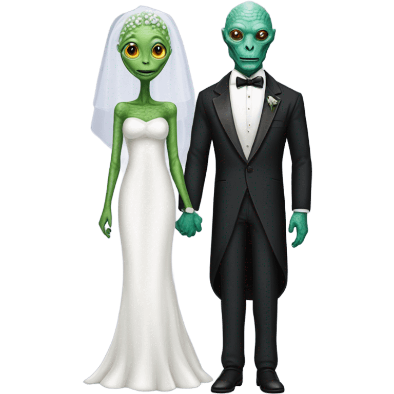 Alien reprilian woman in wedding dress, and one humman man in a tuxedo holding, hands getting married emoji