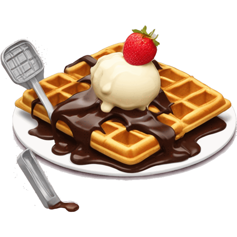 Scrumptious waffles with dripping chocolate and ice cream scoop on the side  emoji