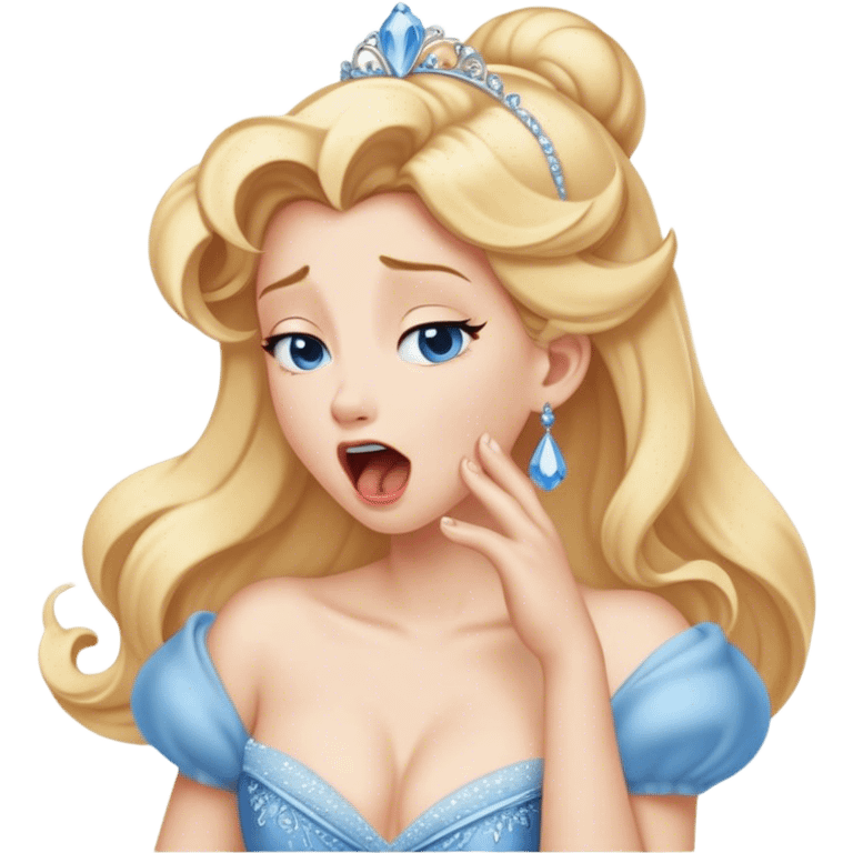 Cinematic Realistic Yawning Cinderella Portrait, showcasing lifelike porcelain skin and intricately detailed golden-blonde hair styled flawlessly as she mid-yawn reveals a moment of tender vulnerability. Her half-closed blue eyes and relaxed expression are rendered with natural, soft lighting that emphasizes the subtle textures of her face and the detailed, flowing fabric of her iconic gown. The scene glows with a cozy, authentic warmth that captures a rare, intimate moment of repose. emoji