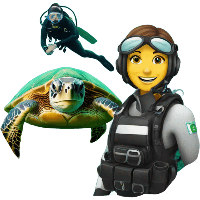 green turtle with woman diver  emoji