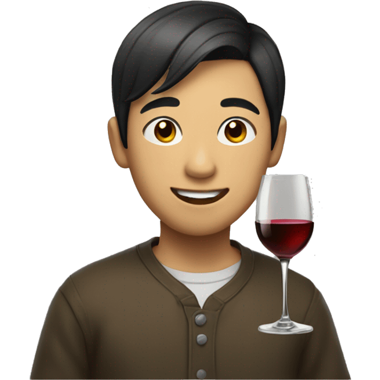 Asian boy, smirking, while holding wine glass emoji