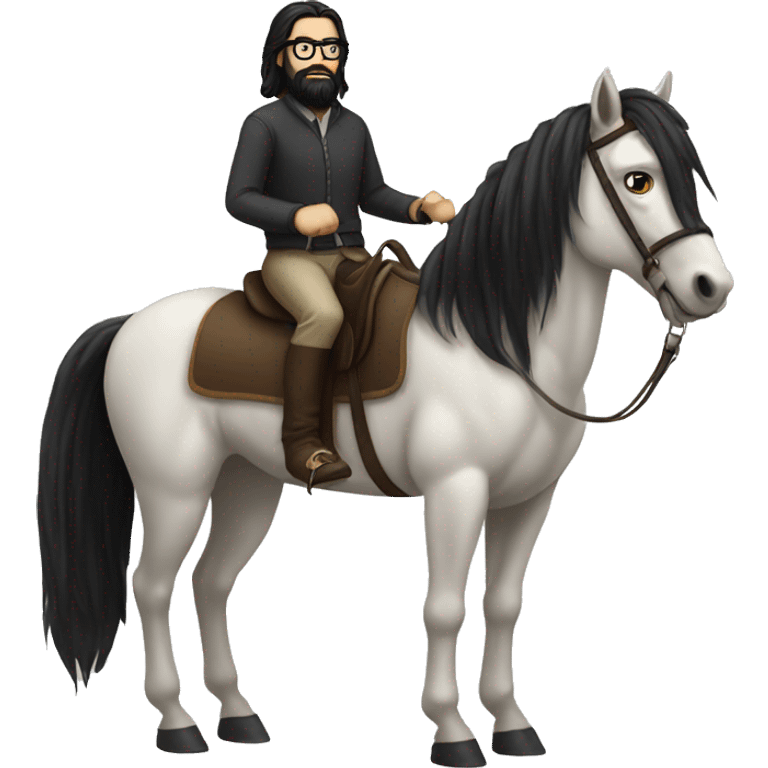 White guy with long black hair and black beard and glasses riding a horse emoji