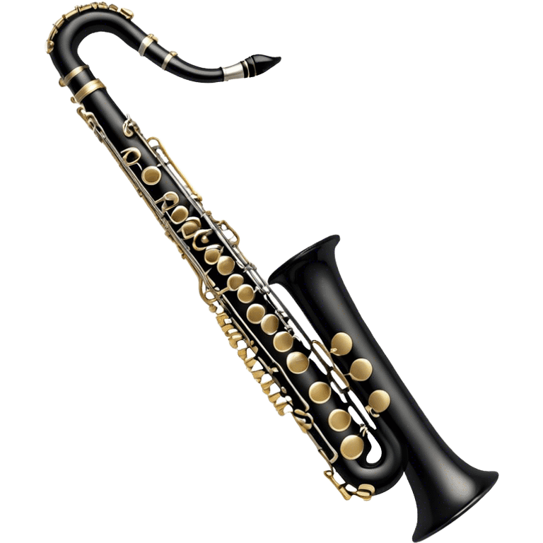 Create an elegant and detailed emoji representing a clarinet. The design should feature the sleek, black wood finish of the clarinet with its shiny metal keys clearly visible. Highlight the intricate details, such as the bell at the end and the carefully crafted mouthpiece with the reed. Use black wood tones for the body of the instrument and silver or brass accents for the keys. Add subtle musical notes or soundwaves floating around the instrument to evoke the smooth, melodic sound of the clarinet. The background should be transparent. emoji