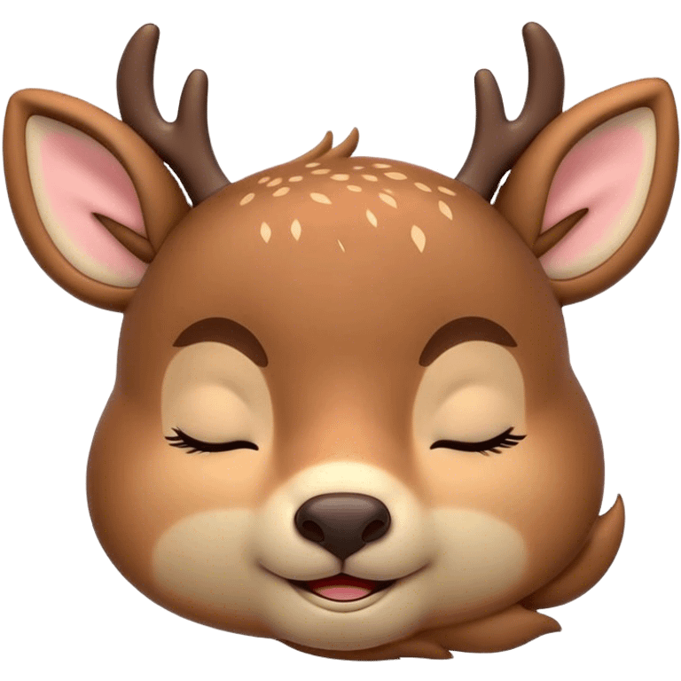 Meme-Worthy Cute Sleeping Deer Portrait Emoji, Head resting peacefully with a contented smile, showcasing a delicate, slender build and a luxuriously soft Fur, eyes shut in a serene, restful nap, Simplified yet hilariously adorable features, highly detailed, glowing with a soft, drowsy light, high shine, relaxed and utterly lovable, stylized with an air of playful laziness, bright and heartwarming, soft glowing outline, capturing the essence of a comically sleepy deer, so meme-worthy it feels like it could instantly become the next viral sensation of adorable woodland slumber! emoji