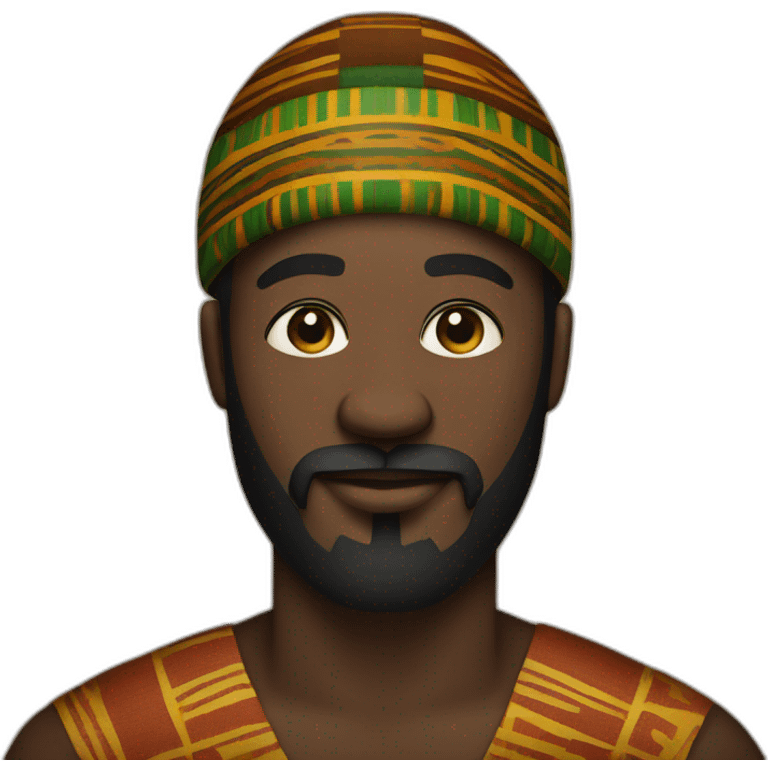 Black man with big beard wearing a kente kufi face emoji