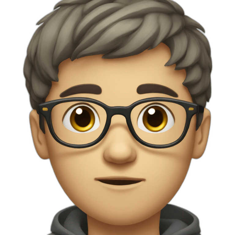 Russian boy in glasses with short dark bangs wearing glasses and a stupid look emoji