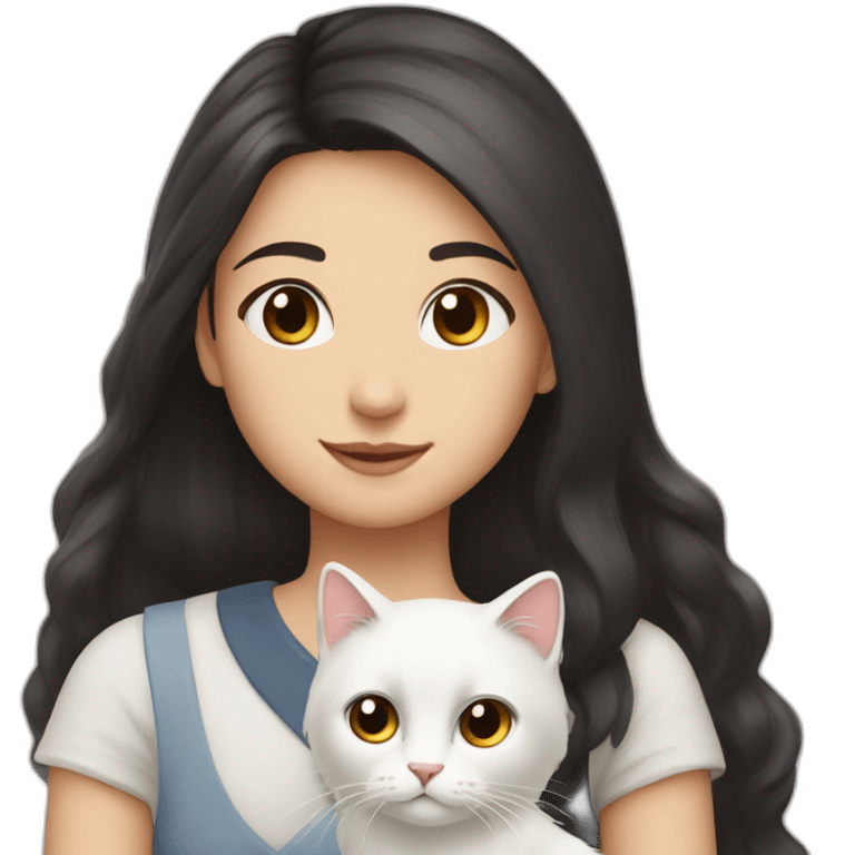 A girl with long dark hair and a white fluffy cat on her left shoulder emoji