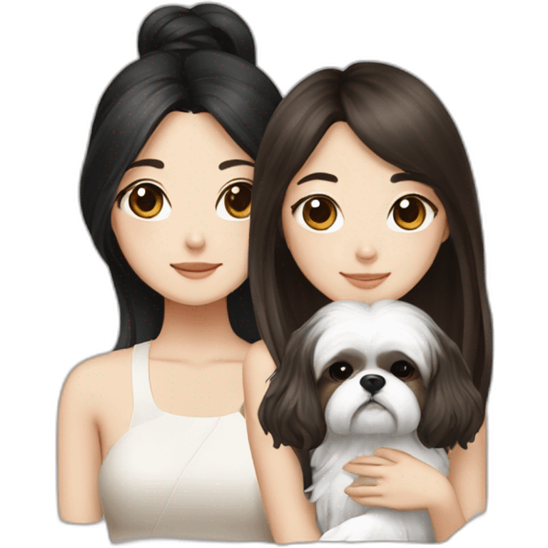 long black hair korean girl with shih tzu in white and brown emoji