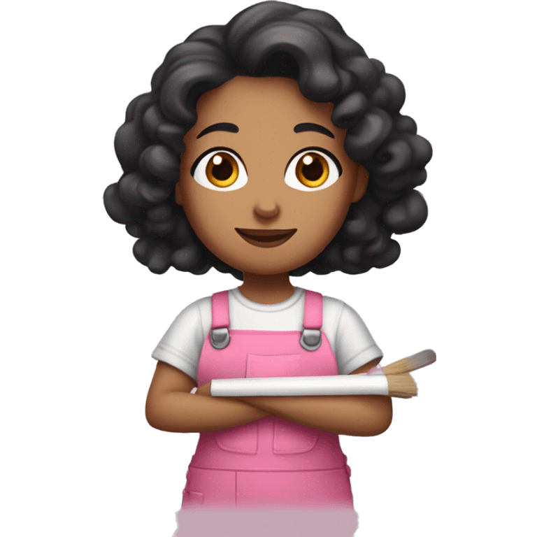 A painter woman with long black curly hair, brown eyes, wearing a pink overall and a paint palette in her hand emoji