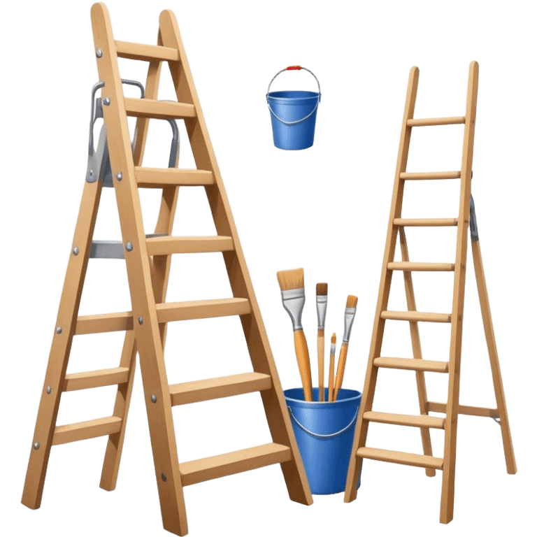 Wall painting icon, wall with an unfinished painting, no frame, a beautiful mural in progress, visible paintbrushes, rollers, and a bucket of paint, wooden ladder beside, minimalistic style, clean lines, transparent background. emoji