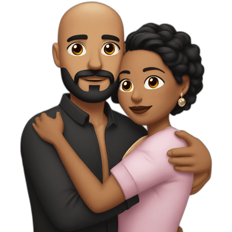 Shaved hair latino man with skin fade, detailed moustache and beard, cuddling a black woman with straight black hair and big earrings emoji