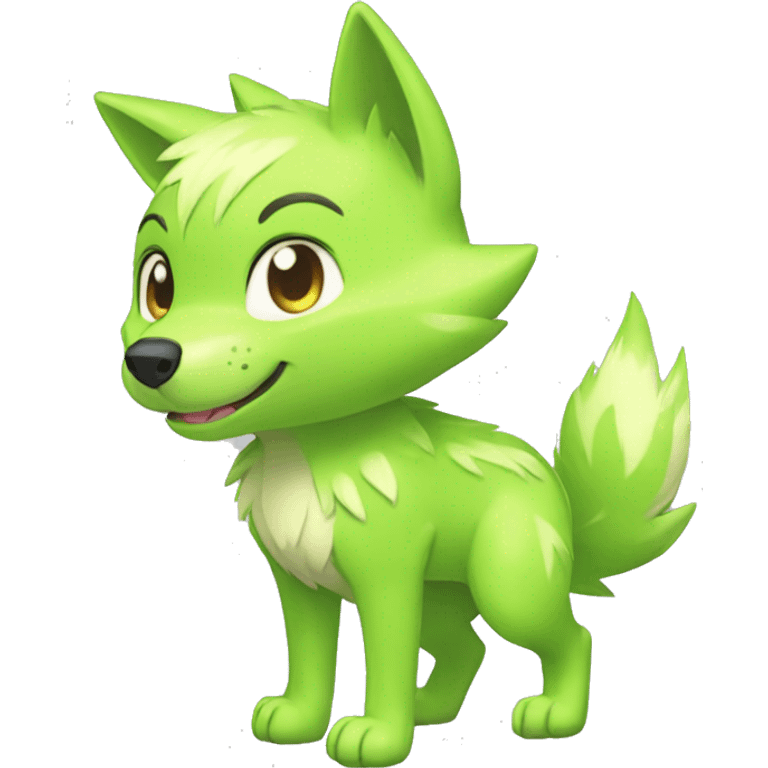 Cute Shy Shiny Lime-Green Fakémon-Wolf-Pokémon Full Body emoji