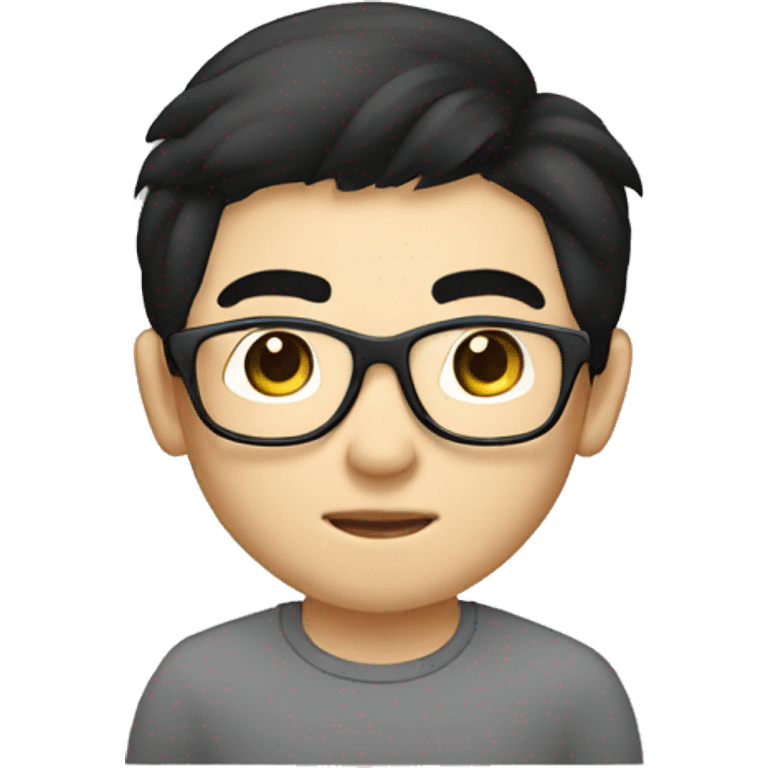 A young Chinese man with black hair, long hair, and a center cut. He has black framed glasses, small eyes, big nostrils, and a round face. He is working with a laptop in front of him emoji