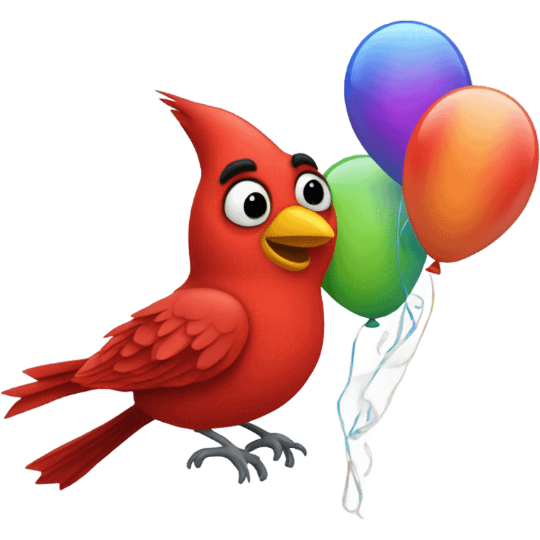 Happy red cardinal with birthday balloons emoji