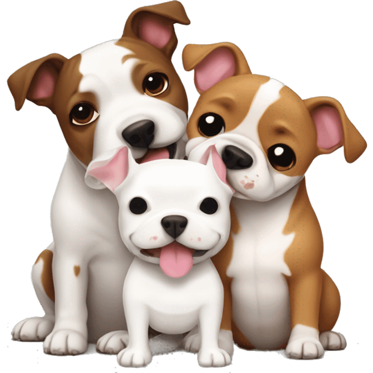 Two dogs, a White Bull terrier, and a brown-and-tan frenchie hugging emoji